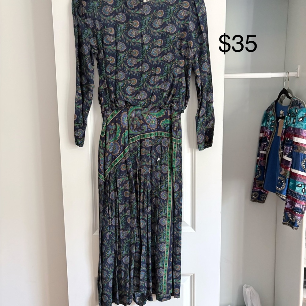 Elegant Paisley Print Dress - Green and Blue
